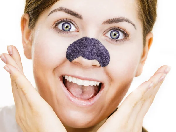 Woman Appying Clear Strips Nose Using Pore Cleansing Textile Mask — Stock Photo, Image