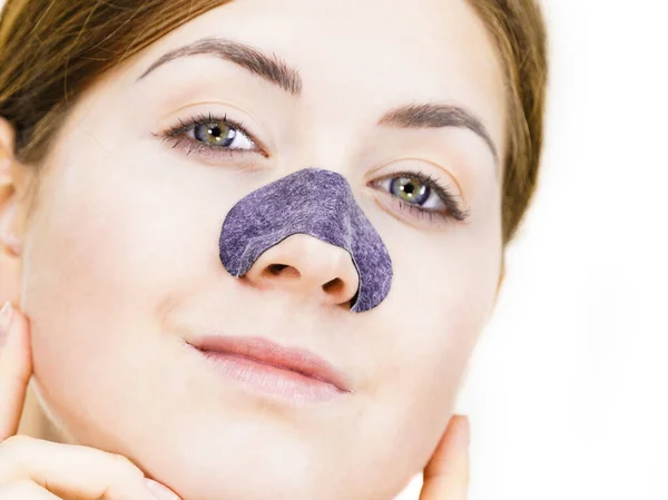 Woman Appying Clear Strips Nose Using Pore Cleansing Textile Mask — Stock Photo, Image