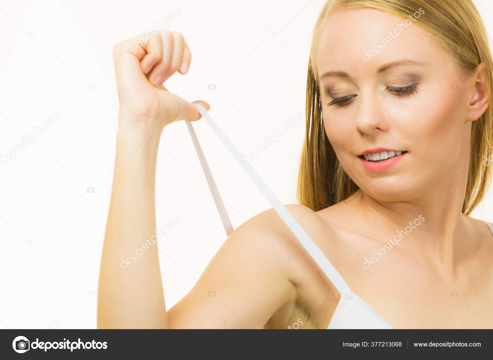 Young Woman Holding Bra Strap Straps Keep Falling Problem Female Stock  Photo by ©Voyagerix 377213068