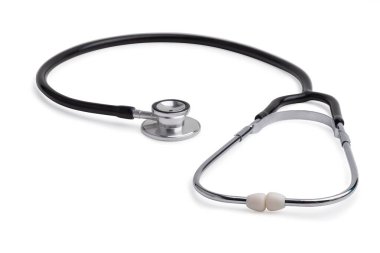 Stetoskop kalp ritmini ölçen bir cihaz. Kesme yolları olan beyaz bir arka planda izole edilmiş doktorlar için tıbbi ekipman.
