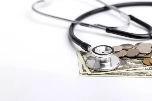 Concepts Health Medical Costs Stethoscope Placed Banknotes Coins — Stock Photo, Image