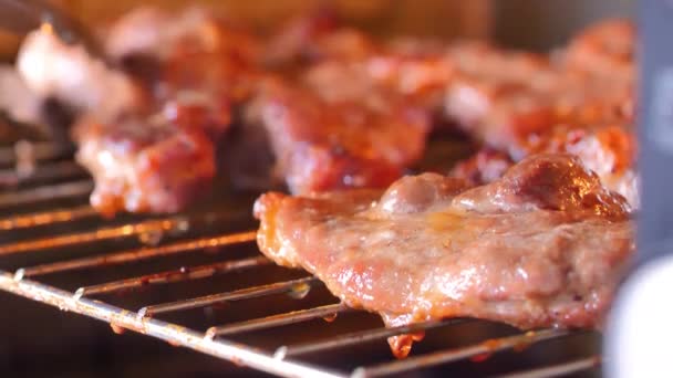 Pork Steak Grilled Grill Kitchen Turn Grilling Pork Oven — Stock Video