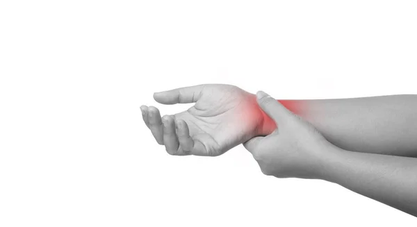 Feche Mulheres Usando Mão Tocando Pulso Desconforto Torno Pulso Geralmente — Fotografia de Stock