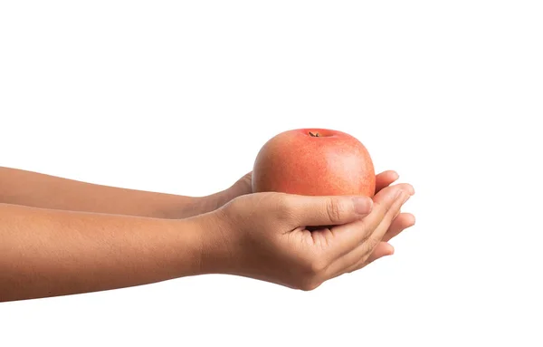 Des Mains Femme Tenant Une Pomme Rouge Isolée Sur Fond — Photo