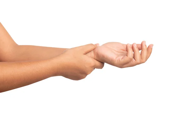 用手触摸被白色背景隔离的腕部的女性 腕部的不适通常是由长期受伤或疾病引起的 而不是由诸如肌腱或肌肉等传统疾病引起的 这些疾病过于张扬或撕裂 — 图库照片