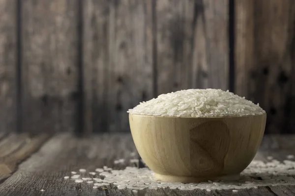 Rice Brown Bowl Wooden Table Blurred Background — Stock Photo, Image