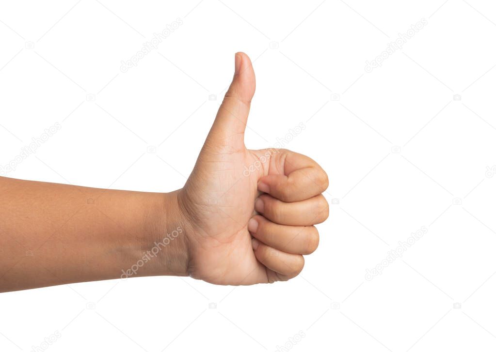 Showing hand thumbs up isolated on a white background which a symbol of great satisfaction. Excellence and admiration