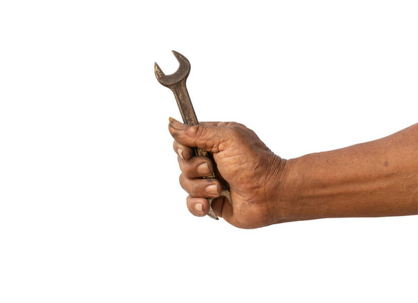 The mechanic used the hand holding an old wrench isolated on white background with clipping paths.