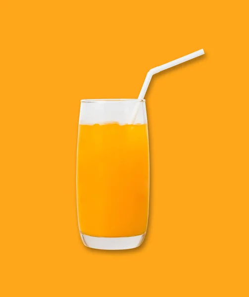 Jus Orange Tube Dans Verre Sur Fond Couleur Orange — Photo