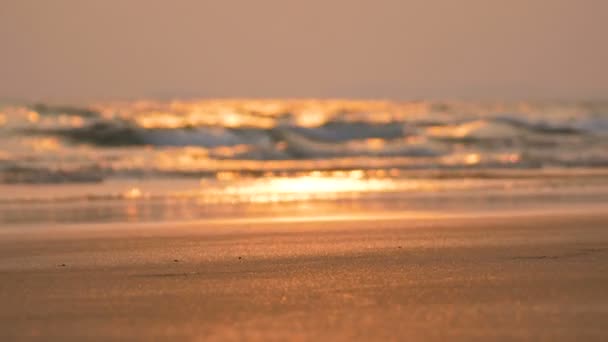 Zoom Zee Golf Zand Strand Avond Met Wazig Bokeh Achtergrond — Stockvideo