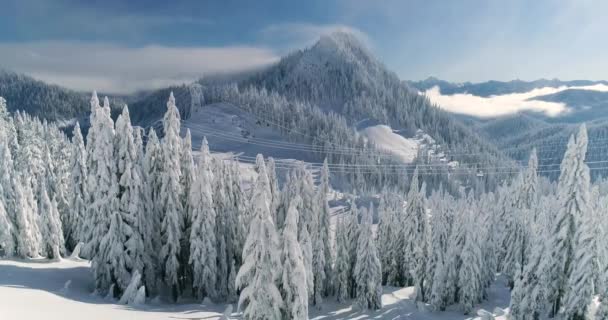 Concepto Esquí Mountain Peak Drone View Cayendo Para Revelar Los — Vídeo de stock