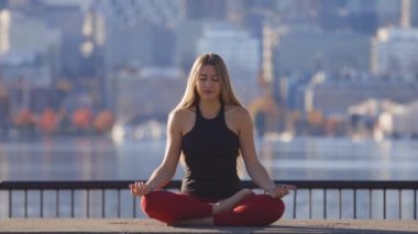 Yoga yapan Kadın Nilüfer Nilüferleri Rahatlatıcı Nefes Alma Stres Rahatlaması Yoğun Şehir Yaşam Stili Modern Şehir Merkezi Binaları Arkaplanı
