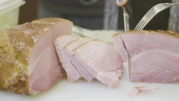 Cutting Ham Slices Knife — Stock Video