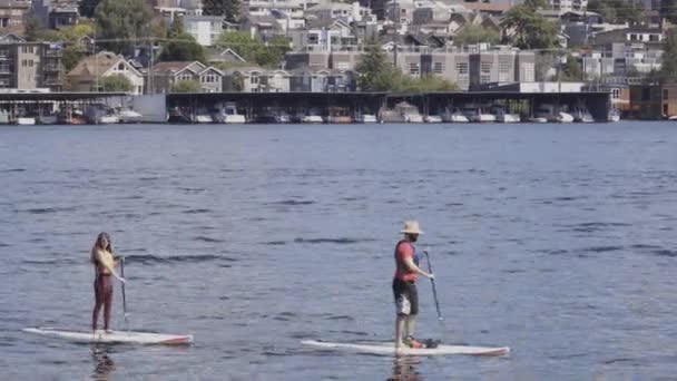 Seattle Washington Junio 2019 Adultos Jóvenes Levantarse Paddle Boarding Lake — Vídeos de Stock