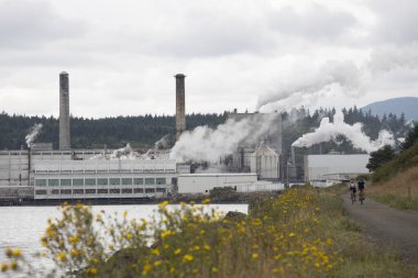 Port Townsend, Washington ABD - Ağustos 2019: Bisikletçiler Pasifik 'in kuzeybatısında Larry Scott Patikası Port Townsend Kağıt Fabrikası' na yakın.