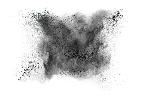 Αφηρημένη συντριφθούν μαύρη σκόνη σε άσπρο φόντο, να παγώσει κίνηση έκρηξη μαύρης πυρίτιδας. — Φωτογραφία Αρχείου