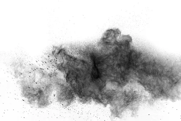 Svartkrut Explosion Mot Vit Bakgrund Partiklar Träkol Mulat Vit Bakgrund — Stockfoto