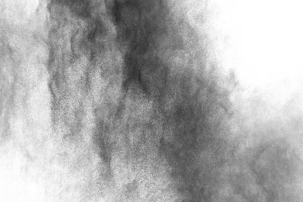 黑色粉末爆炸的白色背景 木炭的微粒 Splatted 在白色的背景上 黑色尘埃粒子特写在白色背景下爆炸 — 图库照片
