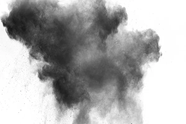 Zwarte Poeder Explosie Witte Achtergrond Abstract Zwarte Stofdeeltjes Spatten Witte — Stockfoto