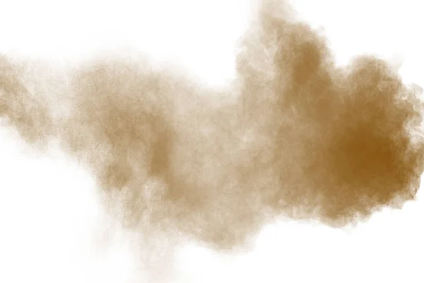 Zmrazit Pohyb Výbuchu Hnědého Prachu Bílém Pozadí Házení Hnědý Prášek — Stock fotografie