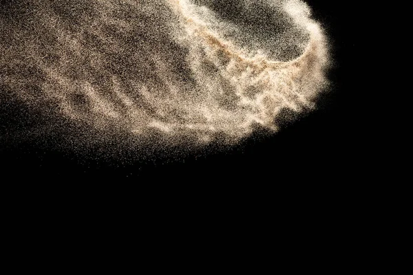 Braun Gefärbter Sand Spritzt Trockener Flusssand Explosion Isoliert Auf Schwarzem — Stockfoto