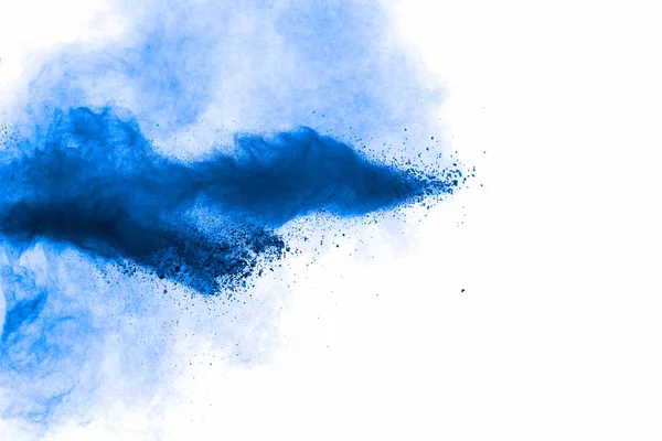 Partículas Poeira Cor Azul Nuvem Explosão Fundo Branco Cor Respingo — Fotografia de Stock