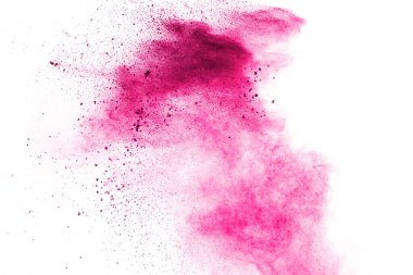 Beyaz arka planda soyut pembe toz patlaması. Derin pembe barutun dondurucu hareketi.