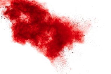 Beyaz arka planda soyut kırmızı toz patlaması. Kırmızı toz patlaması. Kırmızı toz parçacıkları sıçrama donma hareketi.