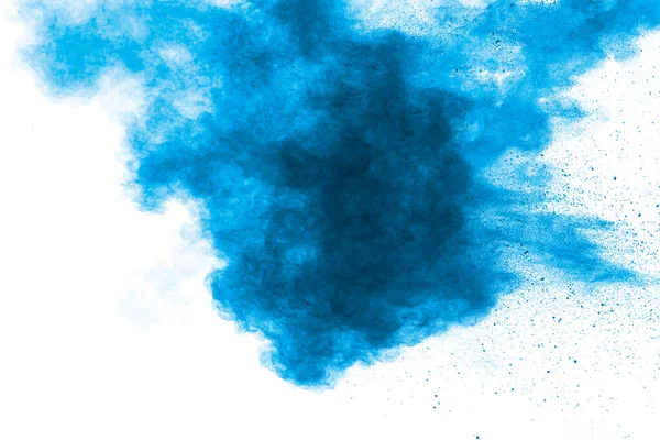 Абстрактный Взрыв Синей Пыли Белом Фоне Замораживание Брызг Синего Порошка — стоковое фото