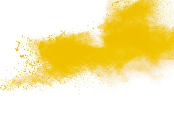Gele Stofdeeltjes Explosie Witte Achtergrond Gele Poederstof Plons — Stockfoto