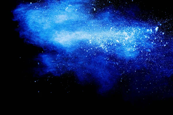 Blå Färg Damm Partiklar Explosion Moln Svart Bakgrund Color Pulver — Stockfoto