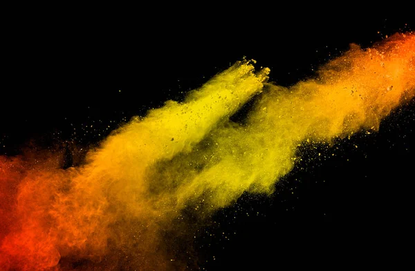 Explosión Abstracta Polvo Amarillo Anaranjado Sobre Fondo Blanco Congelar Movimiento —  Fotos de Stock