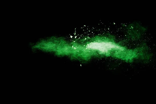Abstrait Éclaboussure Poudre Couleur Verte Sur Fond Noir Explosion Poudre — Photo