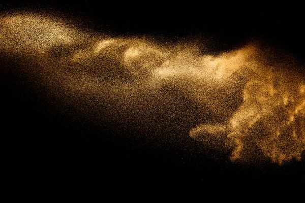 Gouden Zand Explosie Geïsoleerd Zwarte Achtergrond Abstract Zandwolk Zandvlieggolf Lucht — Stockfoto