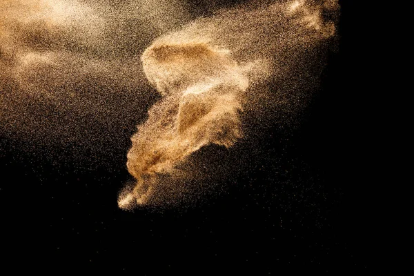 Bruin Gekleurde Zand Spat Droge Rivier Zand Explosie Geïsoleerd Zwarte — Stockfoto