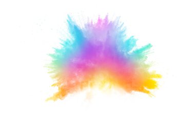 Beyaz arka planda renkli toz patlaması. Pastel renk toz parçacık sıçraması.