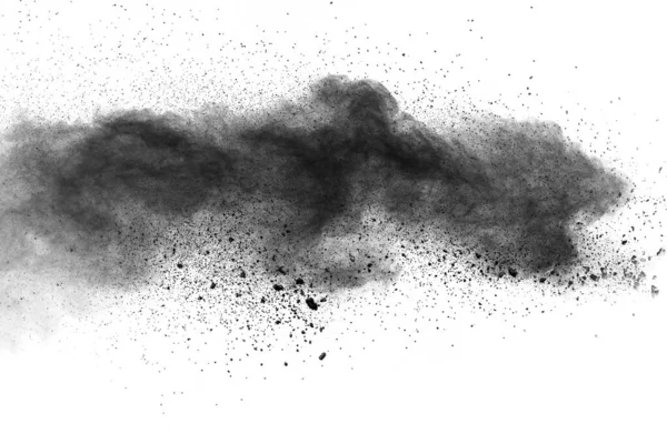 Siyah Parçacıklar Beyaz Arka Plana Sıçrar Kara Barut Patladı — Stok fotoğraf