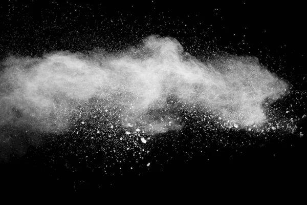 Vitt Pulver Explosion Freeze Rörelse Vita Damm Partiklar Svart Bakgrund — Stockfoto