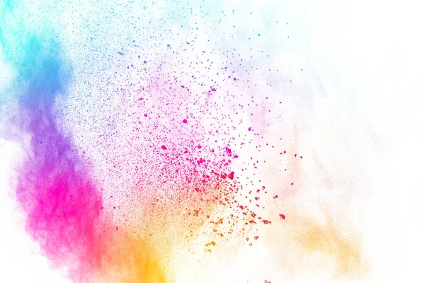 Buntes Pulver Explosion Auf Weißem Hintergrund Pastell Farbe Staubpartikel Spritzen — Stockfoto