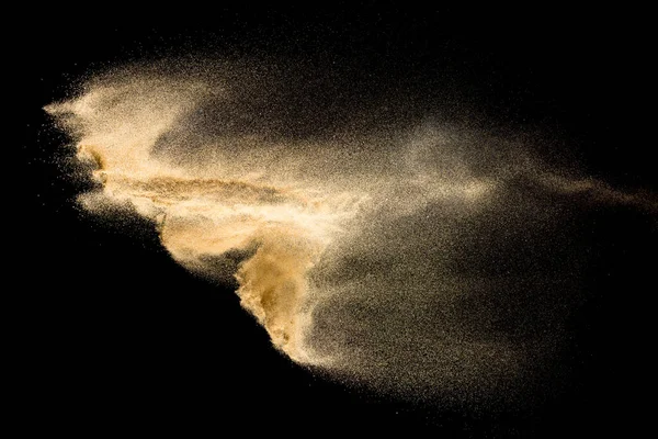 Abstracte Rivierzandwolk Goudkleurig Zand Plons Tegen Zwarte Achtergrond Gele Zandvlieggolf — Stockfoto