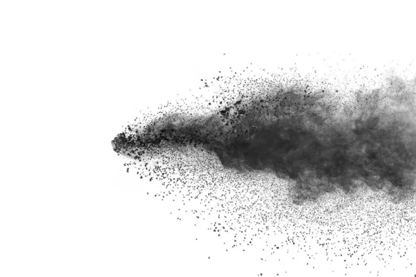 Fekete Részecskék Fröcskölnek Fehér Háttéren Fekete Por Felrobbant — Stock Fotó