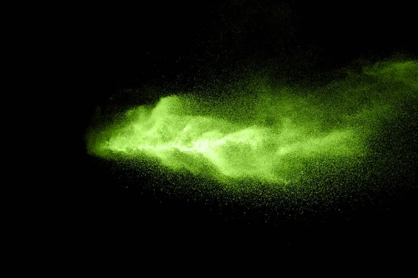 Groene Kleur Poeder Explosie Wolk Zwarte Achtergrond Groene Stof Plons — Stockfoto