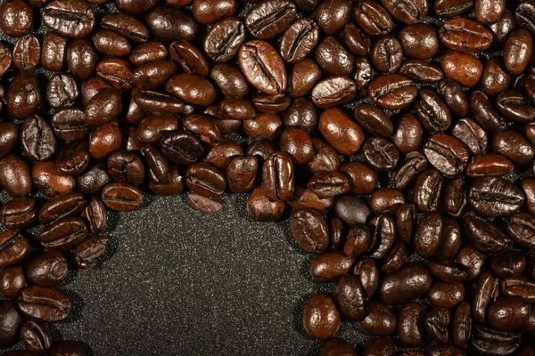 Rostade Kaffebönor Konsistens Som Används Som Bakgrund Platt Låg Ovanifrån — Stockfoto