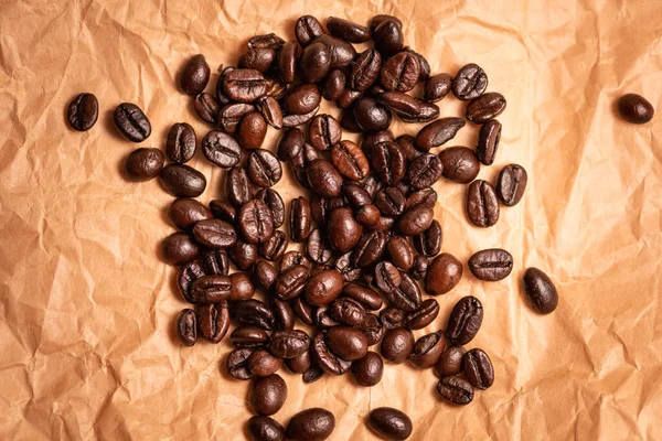 Rostade Kaffebönor Konsistens Som Används Som Bakgrund Platt Låg Ovanifrån — Stockfoto