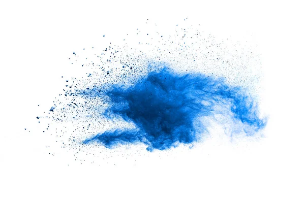 白い背景に青い粉末爆発雲の奇妙な形 青い塵粒子が飛び散った — ストック写真