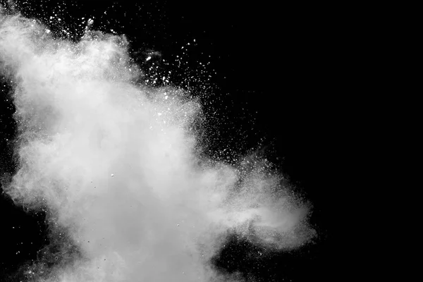 Frys Rörelse Vita Dammpartiklar Stänk Svart Bakgrund Vitt Pulver Explosion — Stockfoto