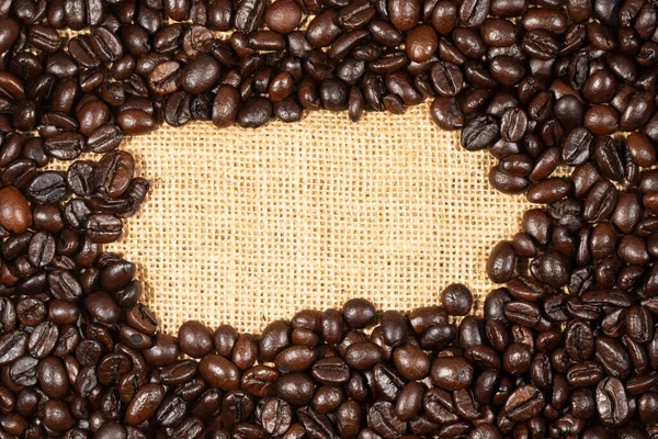 Ziarna Kawy Brązowej Tkaniny Lnianej Pieczone Ziarna Kawy Tekstury Używane — Zdjęcie stockowe