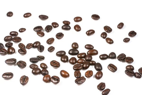 Rostade Kaffebönor Stänk Isolerad Vit Bakgrund — Stockfoto