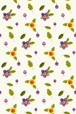 Yaban mersinleri ve çiçeklerin renkli yaz deseni. Vektör düz grafikler. Modaya uygun bir halk tarzı. Hafif arkaplan.