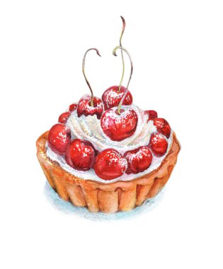 Lezzetli kirazlı ve kremalı tart. Suluboya çizimi.